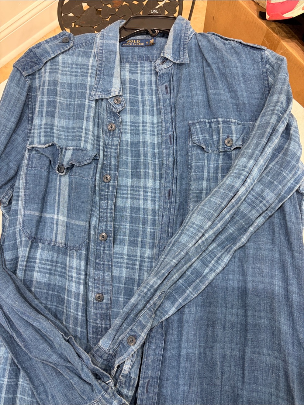 POLO RALPH LAUREN Plaid Linen Shirtdress Denim Plaid Sarong Wrap Dress - 12 - Picture 6 of 6